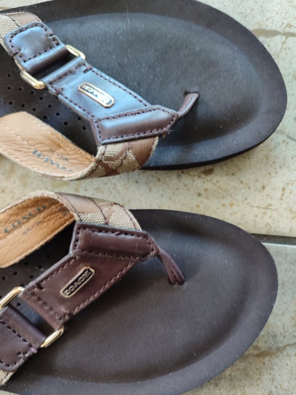 Coach Signature Logo Print Leather Sandals Slides Brown Beige 8B Eur38